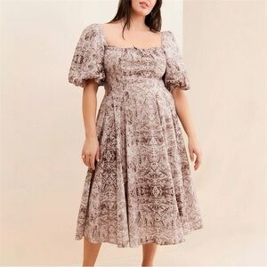 SELKIE Day Dress Toile Sepia Cotton Puff Sleeve Cottage Peasant Vintage Style S